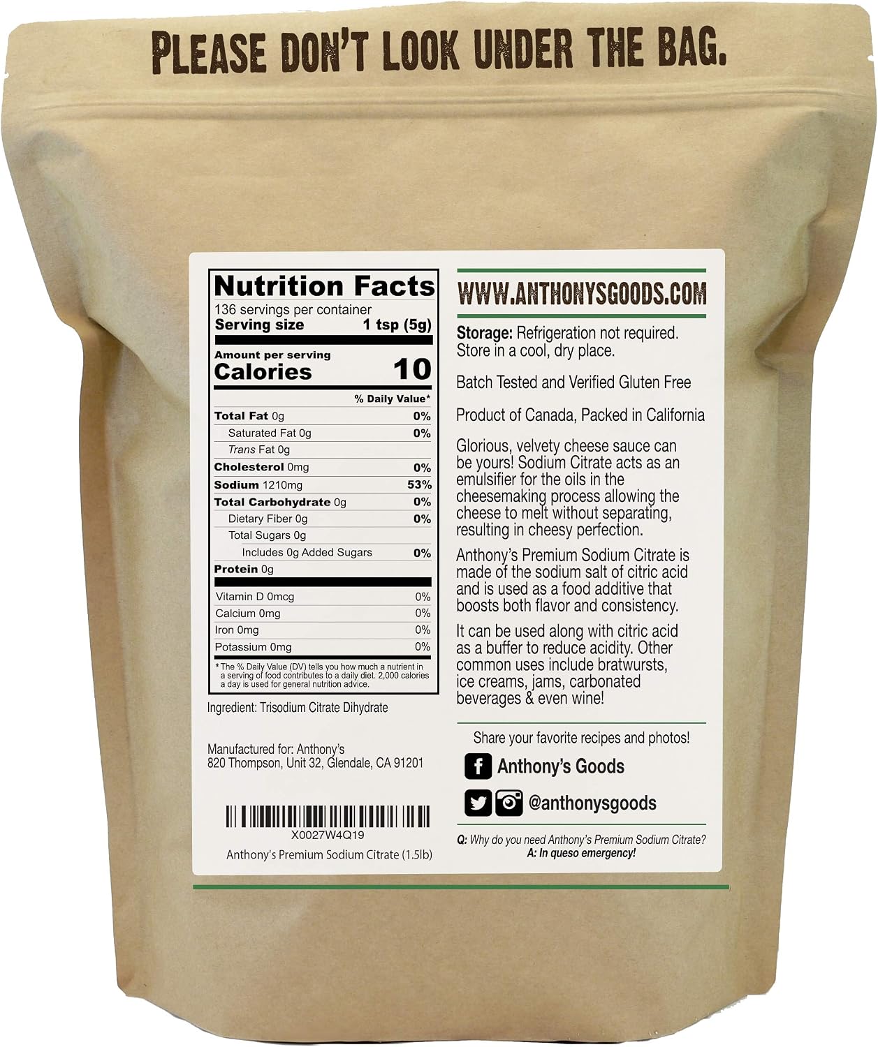Anthony's Sodium Citrate Powder, 1.5 lb, Non GMO, Food Grade, Emulsifier