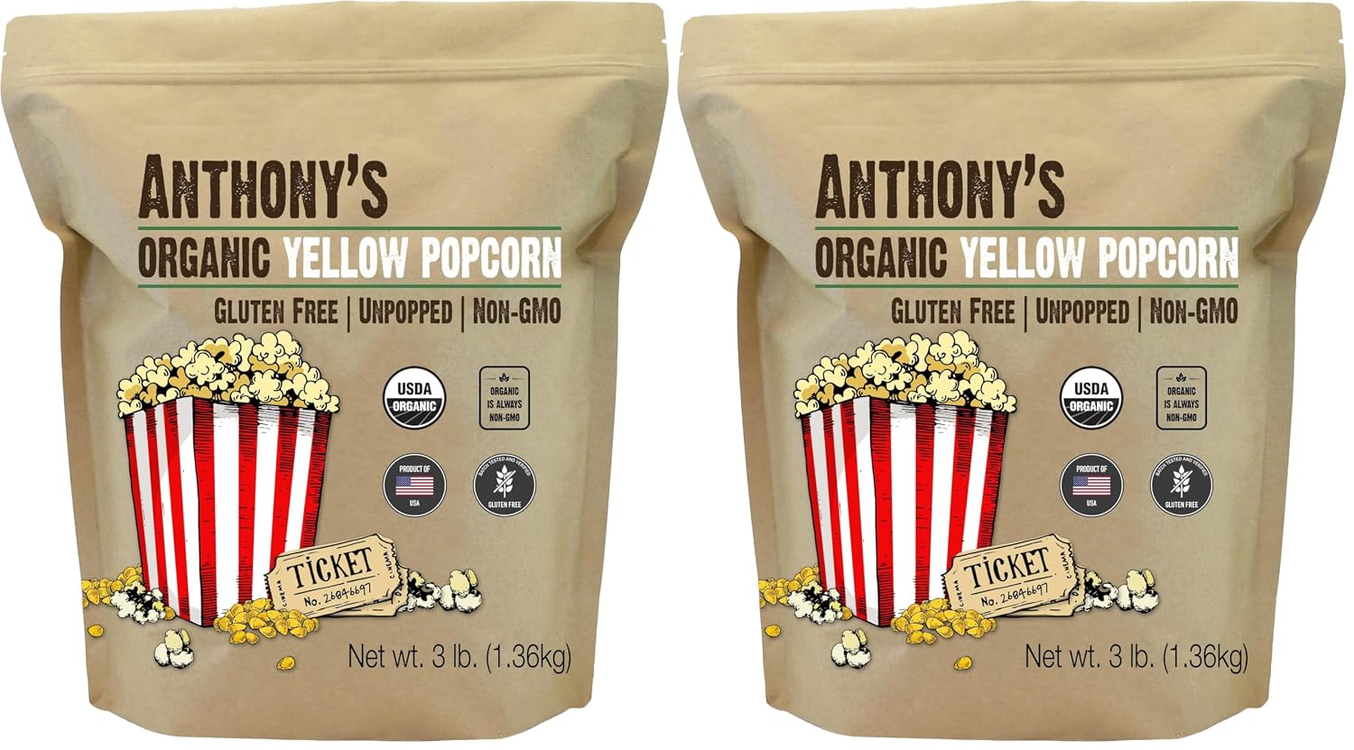 Anthony's Organic Yellow Popcorn Kernels, 3 lb, UnPopped, Gluten Free, Non GMO (Pack of 2)