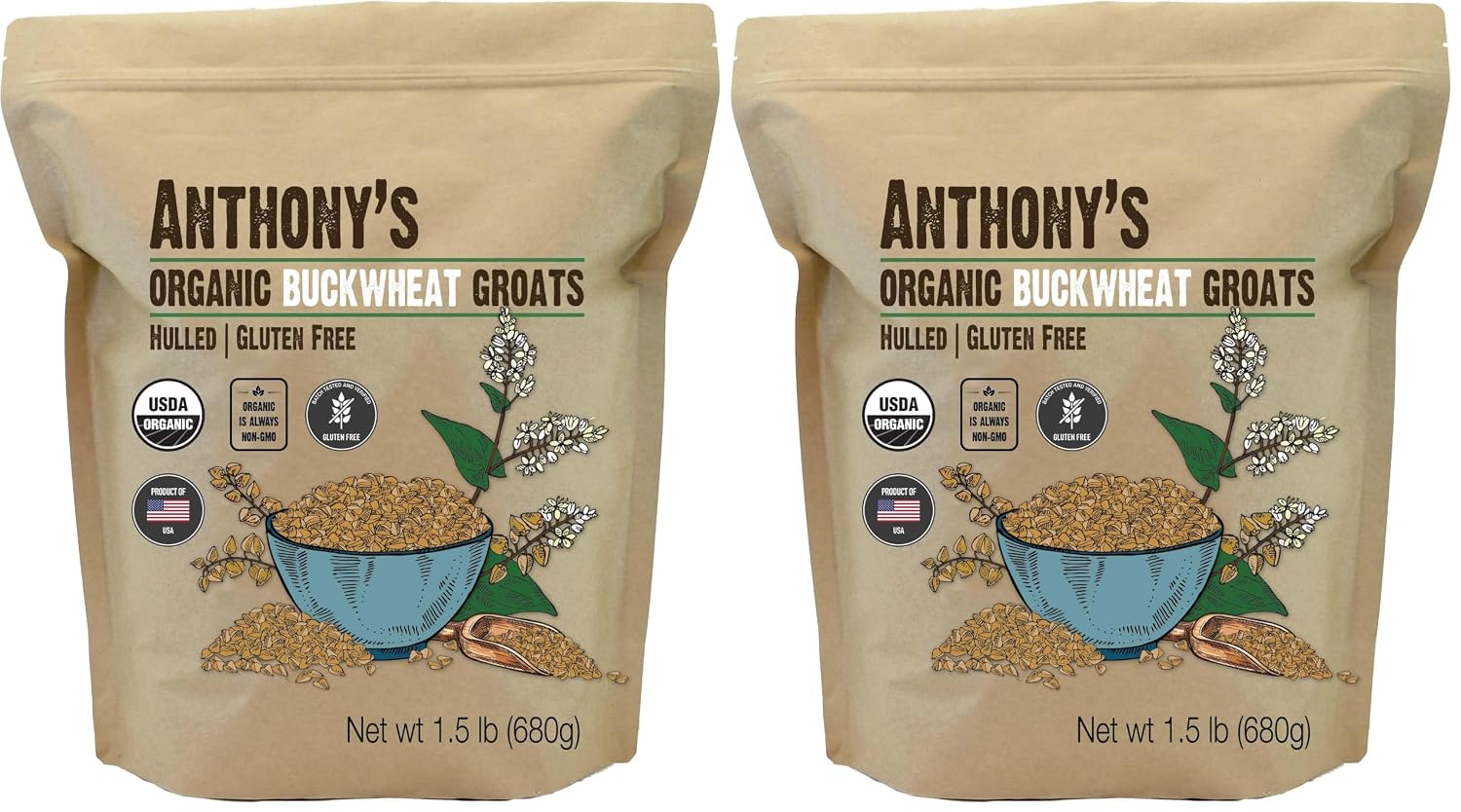 Anthony's Organic Hulled Buckwheat Groats, 1.5lb, Gluten Free, Non GMO (Pack of 2)