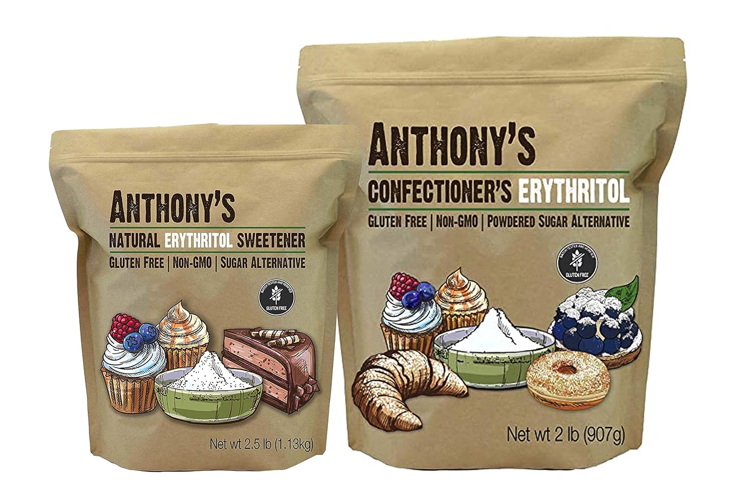 Anthony's Erythritol Granules 2.5 lb & Confectioner's Erythritol 2 lb Bundle